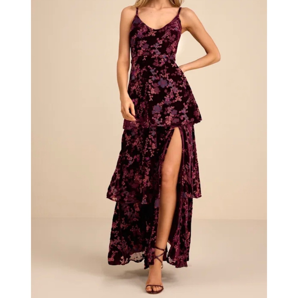 Lulus I Love You Amore Plum Purple Floral Velvet Tiered Maxi Dress LD011024 L
